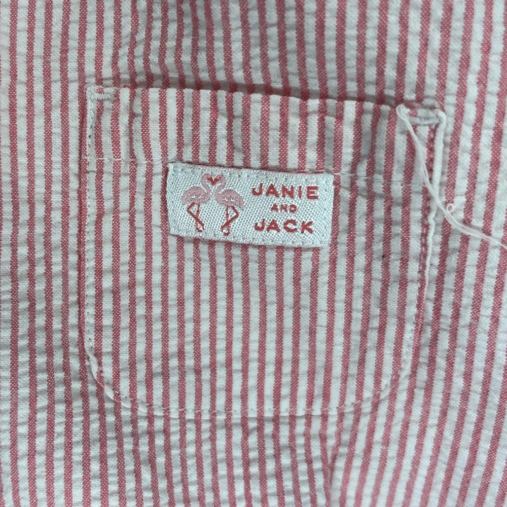 Janie and Jack Pink and White Seer Sucker Striped Smocked Romper Girls 12-18 mo - Picture 7 of 9